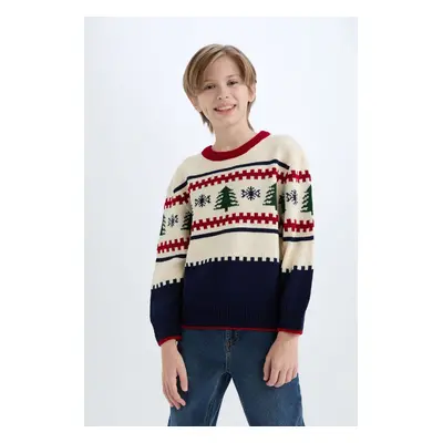 DEFACTO Boy's New Year's Themed Crew Neck Knitted Sweater