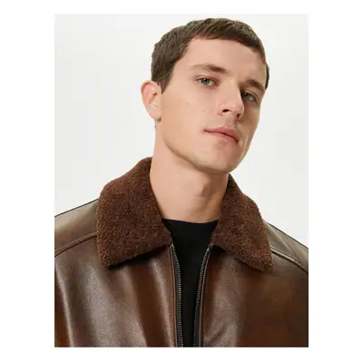 Koton Faux Fur Leather Jacket Pocket Slim Fit