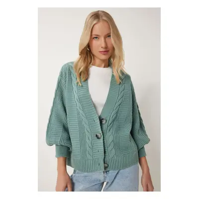 Happiness İstanbul Women's Green Braided Balloon Sleeve Loose Knitwear Cardigan