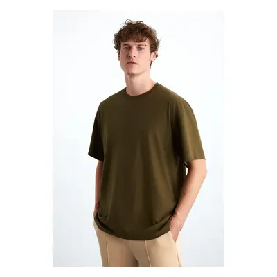 GRIMELANGE Jett Men's Oversize Fit 100% Organic Cotton Thick Textured Crew Neck Khaki T-shirt