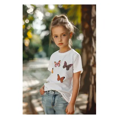 Trendyol White Girl Butterfly Patterned Cotton Knitted T-Shirt