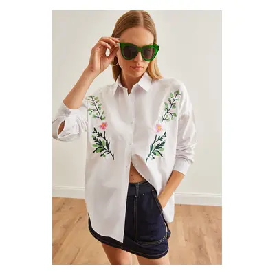 Olalook Women's Violet White Embroidery Detailed Oversize Woven Shirt