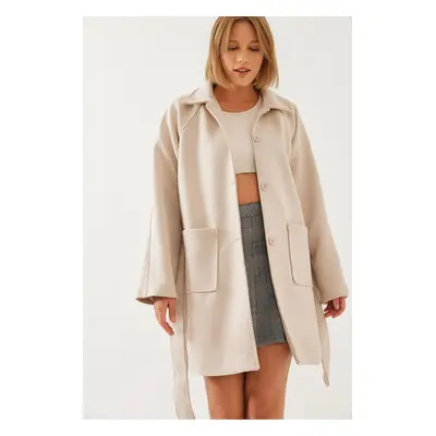 Bianco Lucci Women's Striped Lining Detail Belted Suede Trench Coat