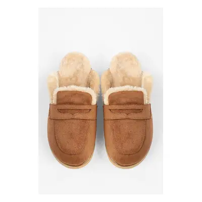 Shoeberry Women's Plush Tan Suede Flat Slippers with Fur Inside