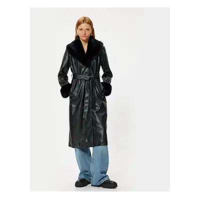 Koton Faux Leather Long Trench Coat with Pockets, Belted Collar and Faux Für Detail