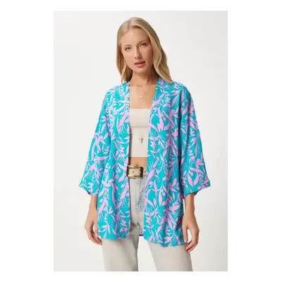 Happiness İstanbul Women's Pink Sky Blue Patterned Viscose Kimono