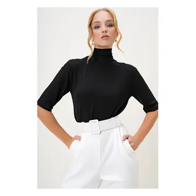 Trend Alaçatı Stili Women's Black Turtleneck Half Sleeve Knitwear Blouse