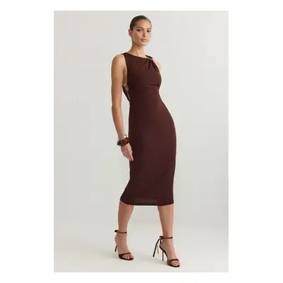 Trendyol Brown Accessory Detail Knitted Midi Dress