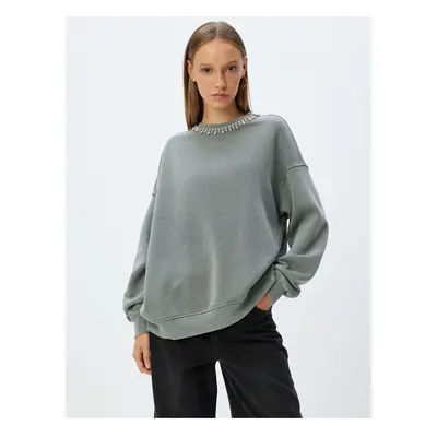 Koton Oversize Sweatshirt Stone Detailed Crew Neck Washed Raised