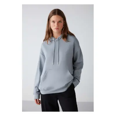 GRIMELANGE Adel Women's Organic Cotton Polar Fleece Soft Relaxed Kangaroo Pocket Hooded Blue Swe