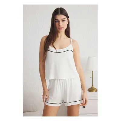 Trendyol White Piping Detail Rope Strap Viscose Knitted Pajama Set