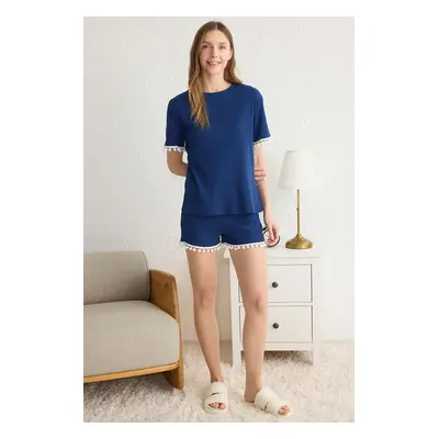 Trendyol Navy Blue Pompom Detail Knitted Pajama Set with Ribbed Shorts