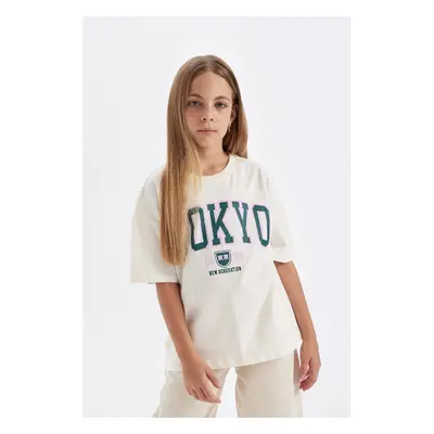 DEFACTO Girls Oversize Wide Pattern Crew Neck Text Printed Short Sleeve School T-Shirt