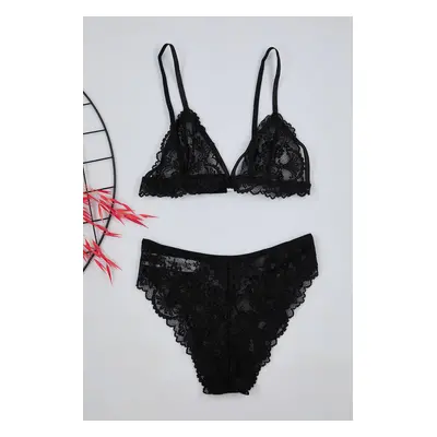 Trendyol Black Lace Piping Detailed Rope Strapless Knitted Underwear Set