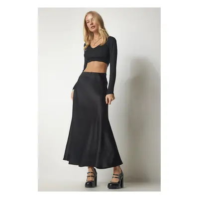 Happiness İstanbul Women's Black Satin Surface Long Skirt