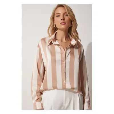 Happiness İstanbul Women's Cream Striped Satin Shirt