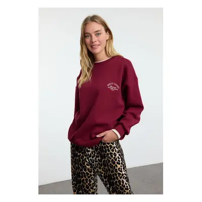 Trendyol Claret Red Slogan Embroidered Color Block Oversize Thick Polar Fleece Knitted Sweatshir