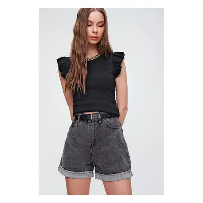 Trend Alaçatı Stili Women's Anthracite Double Leg High Waist Denim Shorts