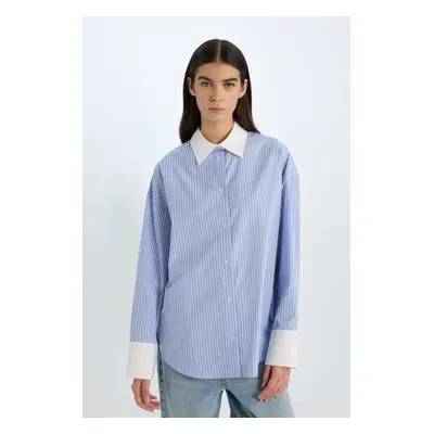 DEFACTO Oversize Wide Fit Striped Poplin Long Sleeve Shirt