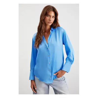 GRIMELANGE Sheila Women's Premium Satin Woven Relaxed Fit Casual Cut Long Sleeve Pocketless Blue