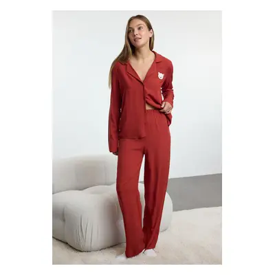 Trendyol Brick Teddy Bear Viscose Woven Pajama Set