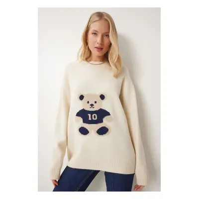 Happiness İstanbul Women's Cream Teddy Bear Textured Soft Knitwear Sweater