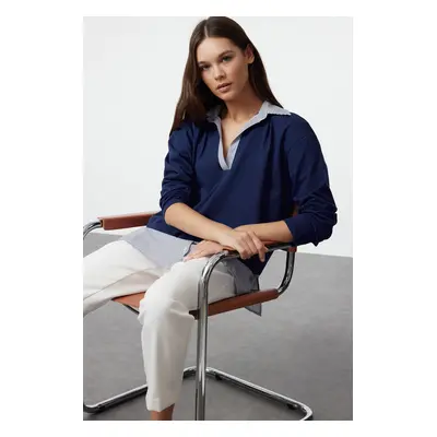 Trendyol Navy Blue Striped Poplin Detailed Polo Neck Relaxed/Casual Cut Knitted Blouse