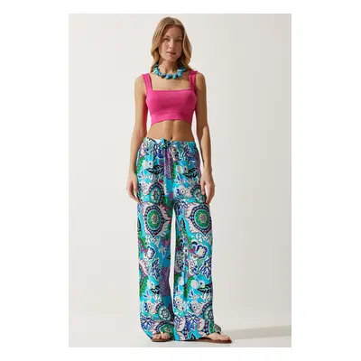 Happiness İstanbul Women's Turquoise Patterned Flowing Viscose Palazzo Trousers