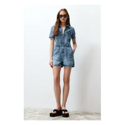 Trendyol Blue Belted Stitching Detailed Denim Jumpsuit