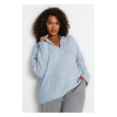 Trendyol Curve Baby Blue Ribbed Buttoned Knit Sweater