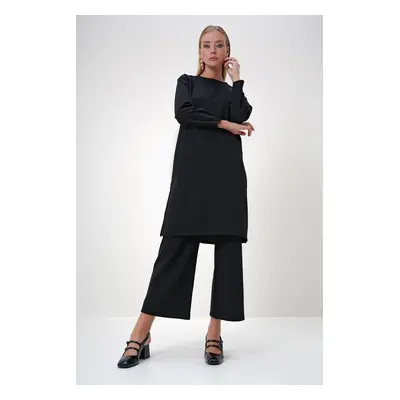 Trend Alaçatı Stili Women's Black Crew Neck Side Slit Long Tunic and Trouser Set