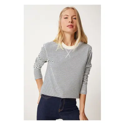 Happiness İstanbul Women's Ecru Navy Blue Striped Cotton Basic Knitted Blouse