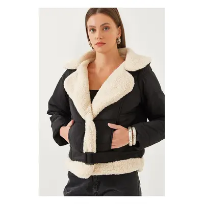 Bianco Lucci Women's Double Breasted Plush Detailed Puffer Coat