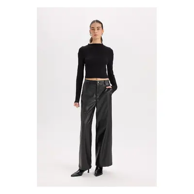 DEFACTO Culotte High Waist Wide Leg Faux Leather Pants with Pockets