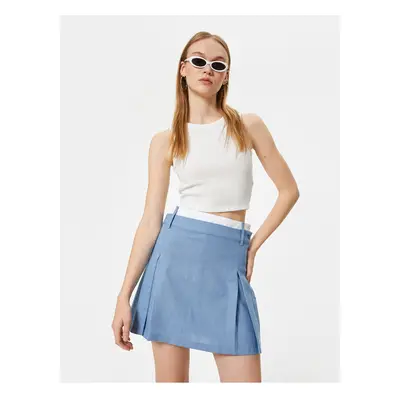 Koton Mini Shorts Skirt Linen Blend Pleated Button Detailed Zippered