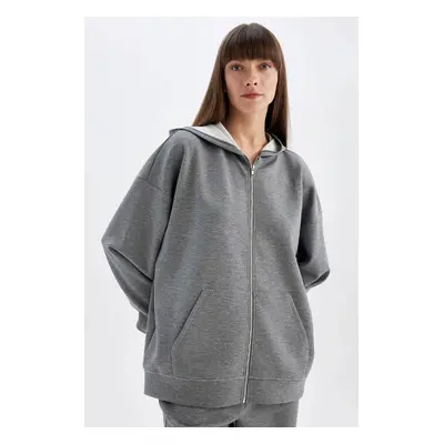 DEFACTO Oversize Wide Pattern Hooded Basic Plain Scuba Diving Fabric Pocket Zippered Sweatshirt