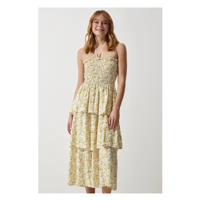 Happiness İstanbul Women's Ecru Yellow Floral Flounce Summer Viscose Dress