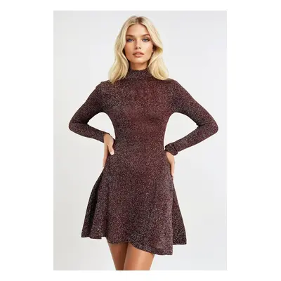 Trend Alaçatı Stili Women's Burgundy Half Turtleneck Silvery Knitted Midi Length Flared Dress