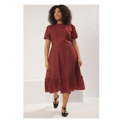 Trendyol Curve Brick Red Stand Collar Polka Dot Patterned Balloon Sleeve Long Woven Dress