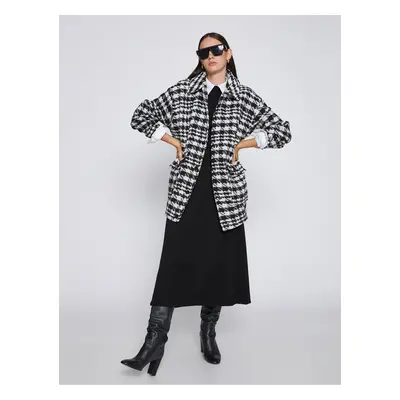 Koton Oversize vlněný Houndstooth Cachet Kabát Košilový límec