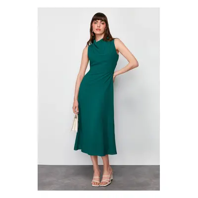 Trendyol Emerald Green Degaje Collar Skirt Cut Detail Midi Woven Dress