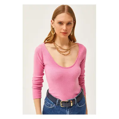 Olalook Woman's Pink Pool Collar Raised Lycra Blouse