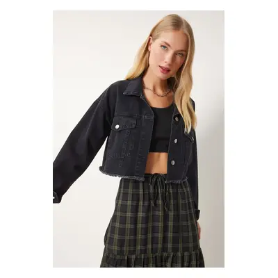 Happiness İstanbul Women's Black Tassel Detailed Denim Crop Jacket