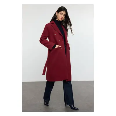 Trendyol Burgundy Fitted Belted Gold Buttoned Long Wool Cashmere Coat