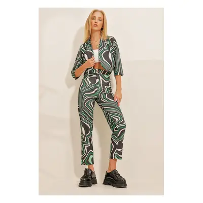 Trend Alaçatı Stili Women's Green Patterned Jacket Pants Set