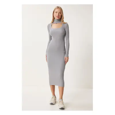 Happiness İstanbul Women's Gray Cut Out Detailed Stand Collar Ribbed Knit Dress