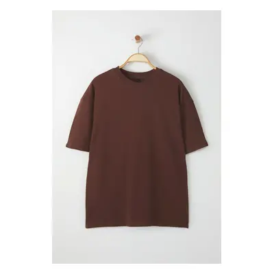 Trendyol Brown Oversize/Wide Cut Textured Basic 100% Cotton T-Shirt