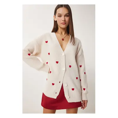 Happiness İstanbul Women's Cream Heart Textured Long Knitwear Cardigan