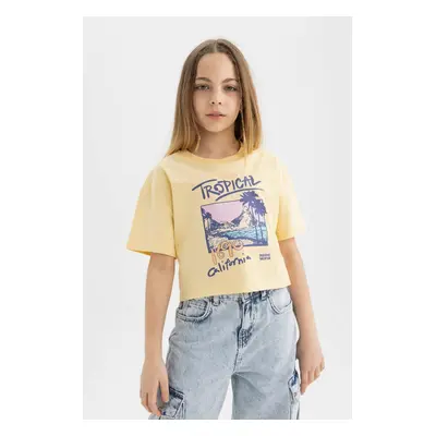 DEFACTO Girl's Crew Neck Printed Short Sleeve T-Shirt