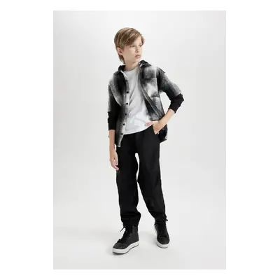 DEFACTO Boys' Elastic Waist and Leg Cargo Pocket Plush Fleece Lined Black Jogger Pants